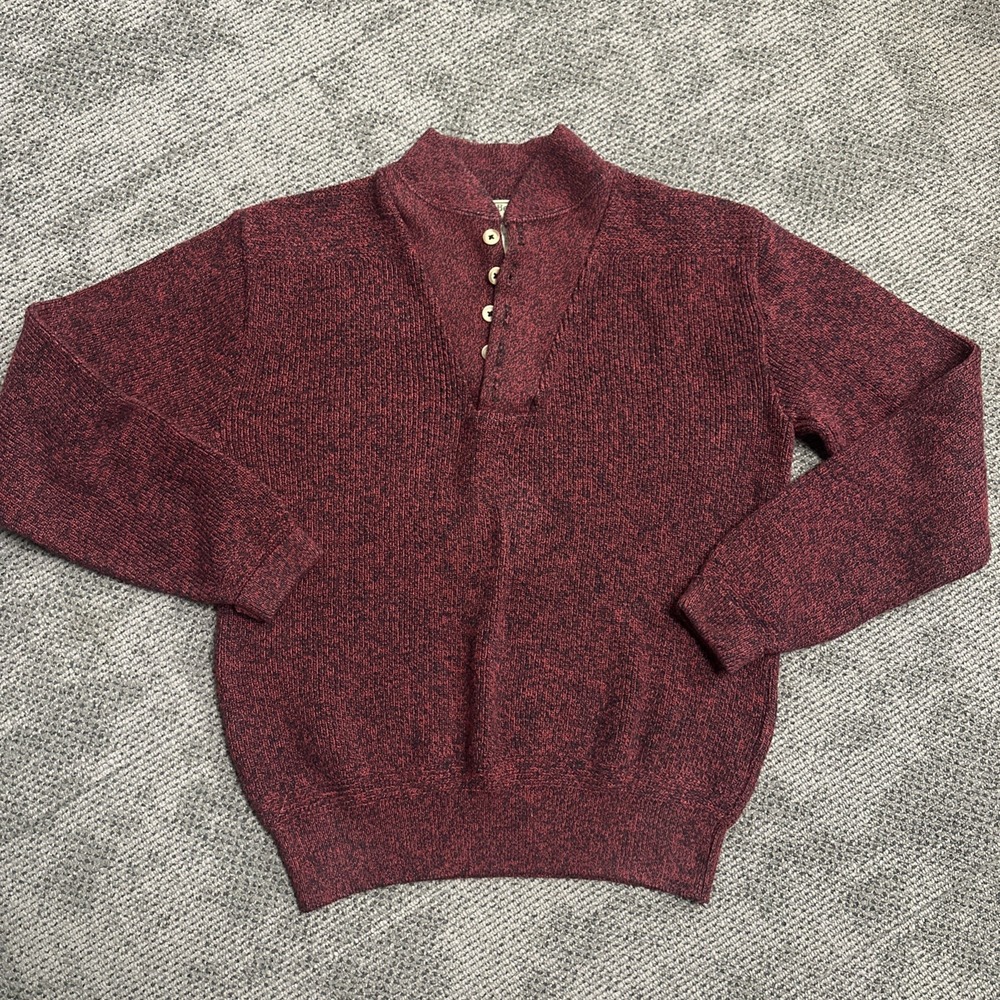 LL Bean Mens Medium Burgundy Marled Cotton Henley Sweater Made in USA G718